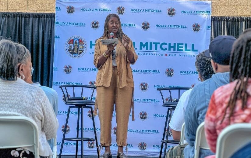 Los Angeles County Supervisor Holly J. Mitchell speaks at the 2nd District Racial Justice Learning Exchange event on campus.