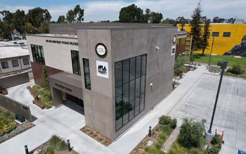 Drone photo of the new APLA Health Center building, west side of the CDU campus.