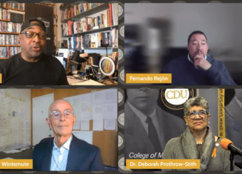 Discussion during the President's Breakfast with moderator Dr. Deborah Prothrow-Stith, Dean of CDU’s College of Medicine, and panelists Fernando Rejón, Executive Director, Urban Peace Institute, Dr. Garen Wintemute, Distinguished Professor of Emergency Medicine and Baker–Teret Chair in Violence Prevention, UC Davis, and Chuck D, Co-Founder of the Hip Hop Group Public Enemy.