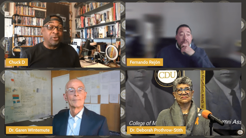 Discussion during the President's Breakfast with moderator Dr. Deborah Prothrow-Stith, Dean of CDU’s College of Medicine, and panelists Fernando Rejón, Executive Director, Urban Peace Institute, Dr. Garen Wintemute, Distinguished Professor of Emergency Medicine and Baker–Teret Chair in Violence Prevention, UC Davis, and Chuck D, Co-Founder of the Hip Hop Group Public Enemy.