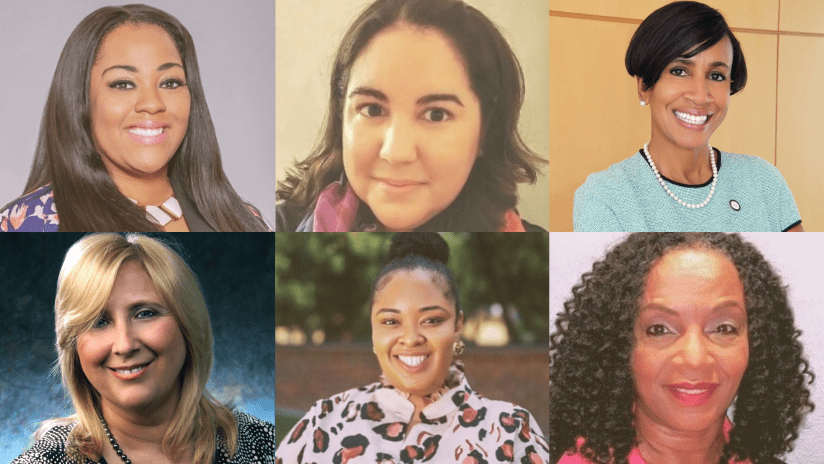 Headshots of the 2022 CDU Women of Distinction Recipients: Angela Minniefield, Monica Ferrini, Brittney Miller, Sharon Cobb, Monika Scherer and Adrienne Milbourne-Thompson. 