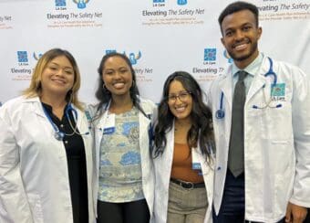 The four 鶹ýŮstudents awarded the L.A. Care Elevating the Safety Net scholarships are Alexander Afewerk, Lule DeShields, Berenice Elizarraraz and Sigry Ortiz Flores. All four are part of the inaugural cohort of the brand new 鶹ýŮFour-Year MD program.