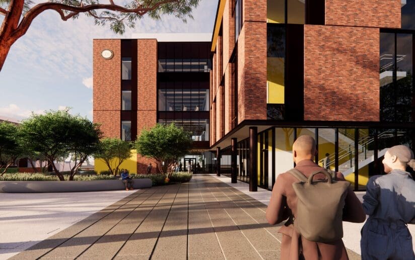 Rendering of the Health Professions Education Building, a 60,000 GSF state-of-the art academic building that will house the University’s newly accredited medical degree program.