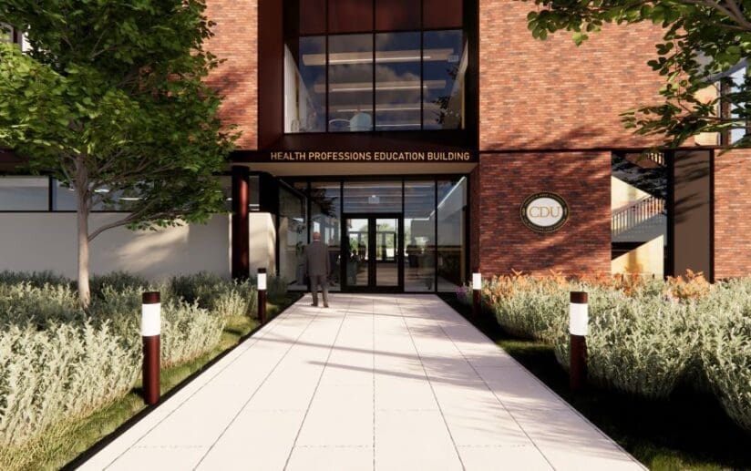 Rendering of the Health Professions Education Building, a 60,000 GSF state-of-the art academic building that will house the University’s newly accredited medical degree program.