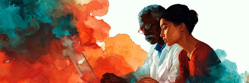 Teacher working with student in front of computer