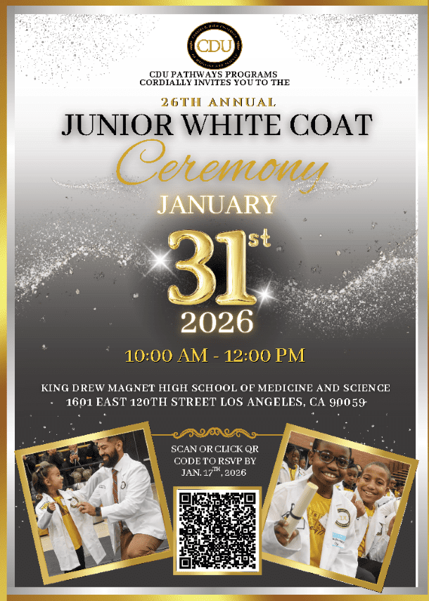 Junior White Coat Ceremony flyer. Kids in white coats