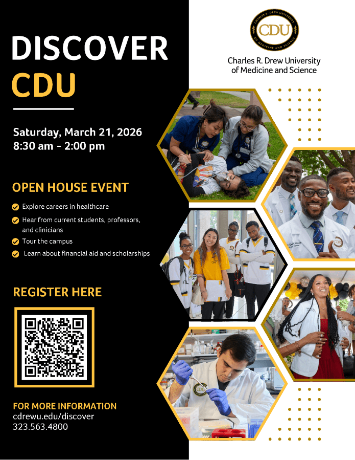 CDU students in white coats, uniforms, scrubs, and performing simulations