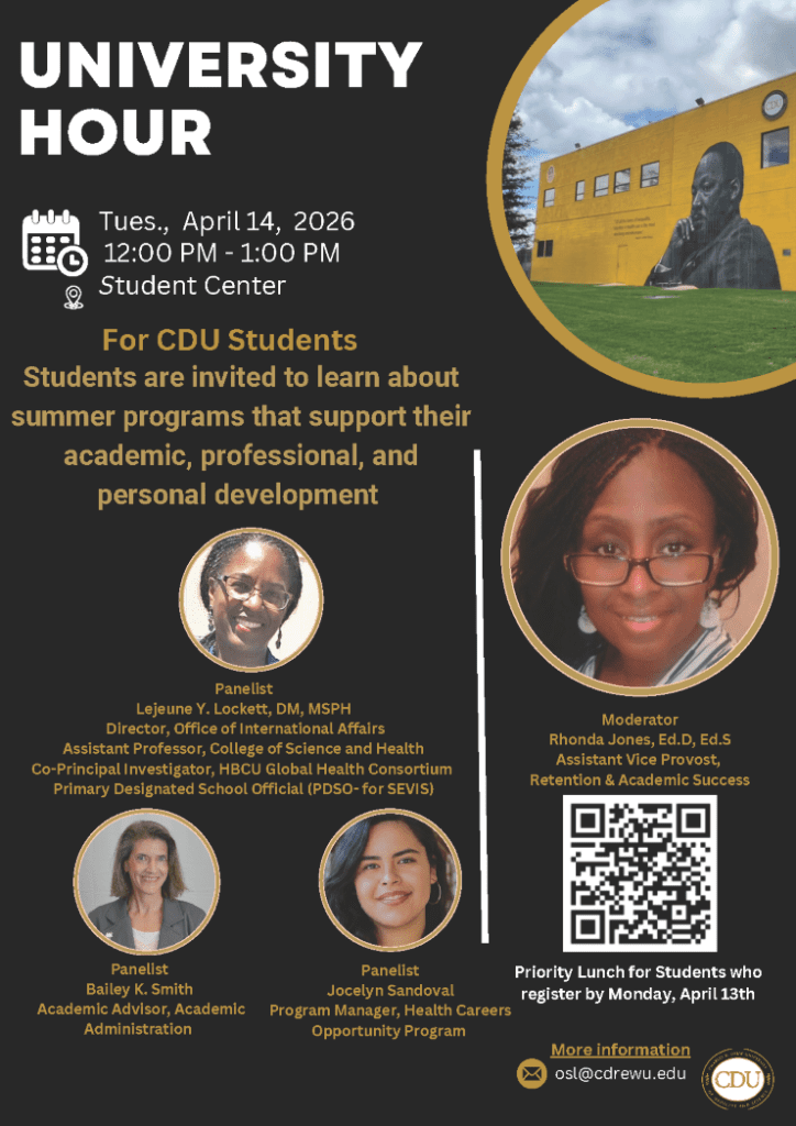 Campus building, headshots of 4 women