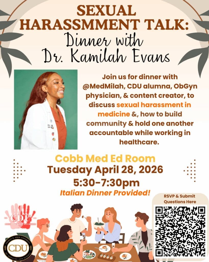 woman smiling wearing white coat. animated image of a group of people eating at dinner table