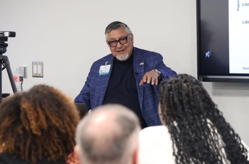 Dr. Hayes-Baustista wearing blue blazer